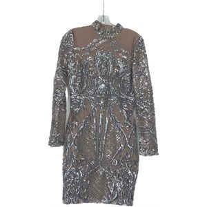Windsor, Nude dress with Silver sequins short dress, long sleeves, Size Small